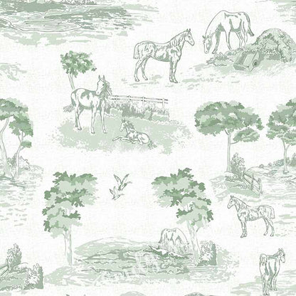 Pastoral Horses Equine Toile Sage Green peel and stick wallpaper pattern swatch
