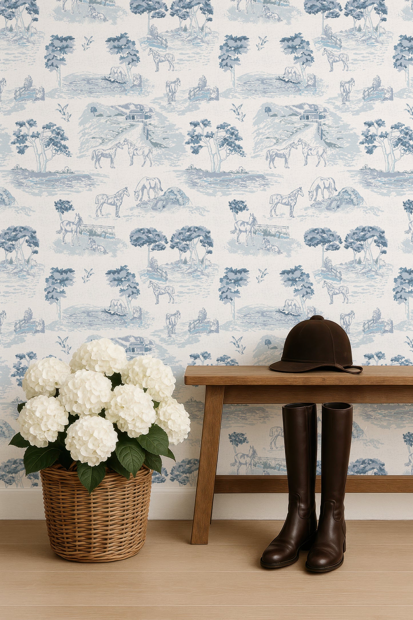 Pastoral Horses Equine Toile French Gray peel and stick wallpaper room mockup