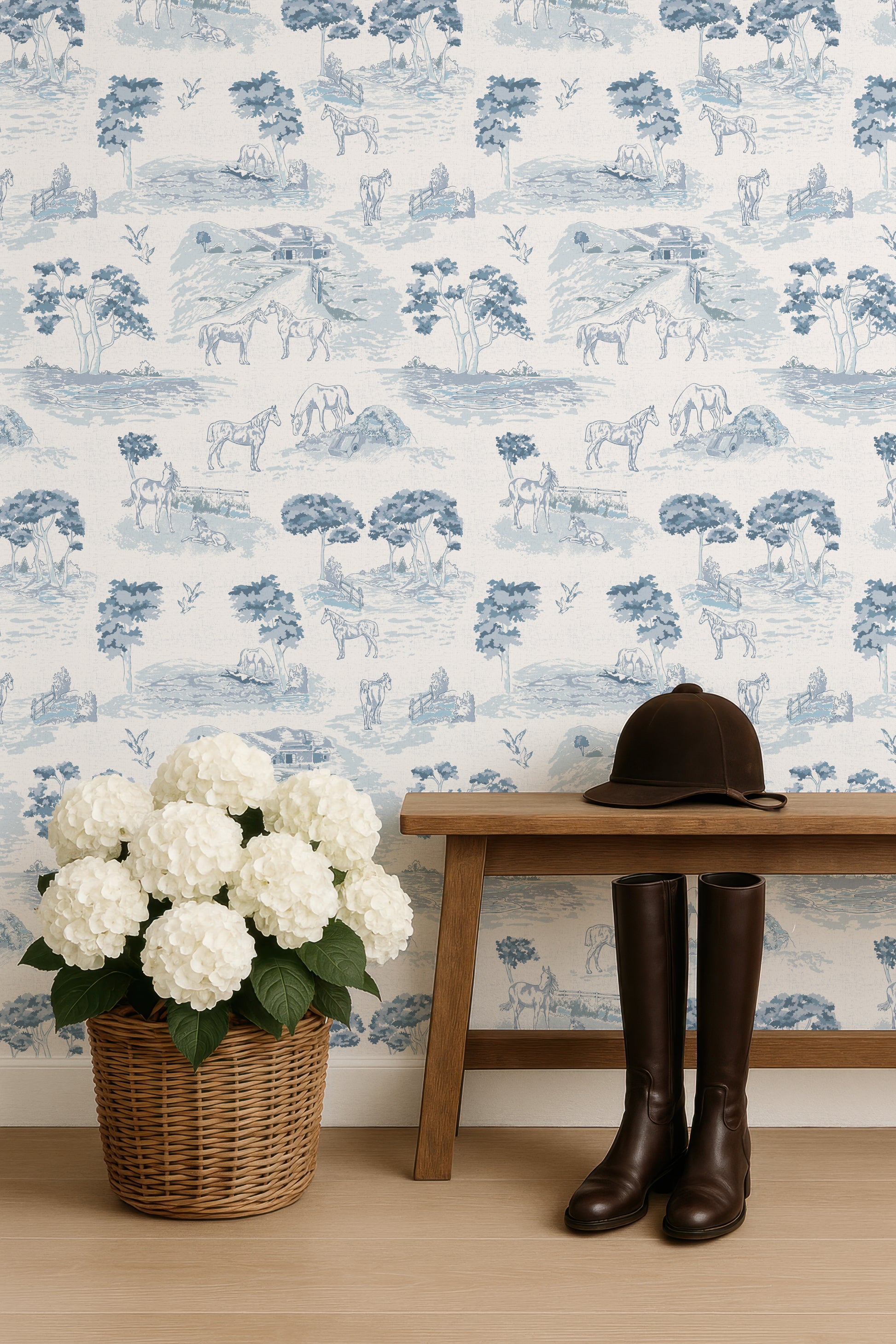 Pastoral Horses Equine Toile French Gray peel and stick wallpaper room mockup