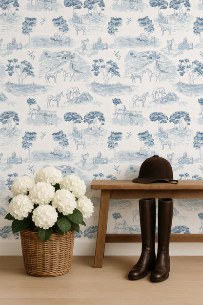 Pastoral Horses Equine Toile French Gray peel and stick wallpaper room mockup