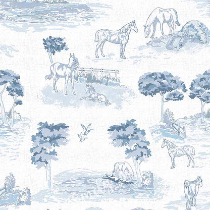 Pastoral Horses Equine Toile Slate Blue peel and stick wallpaper pattern swatch