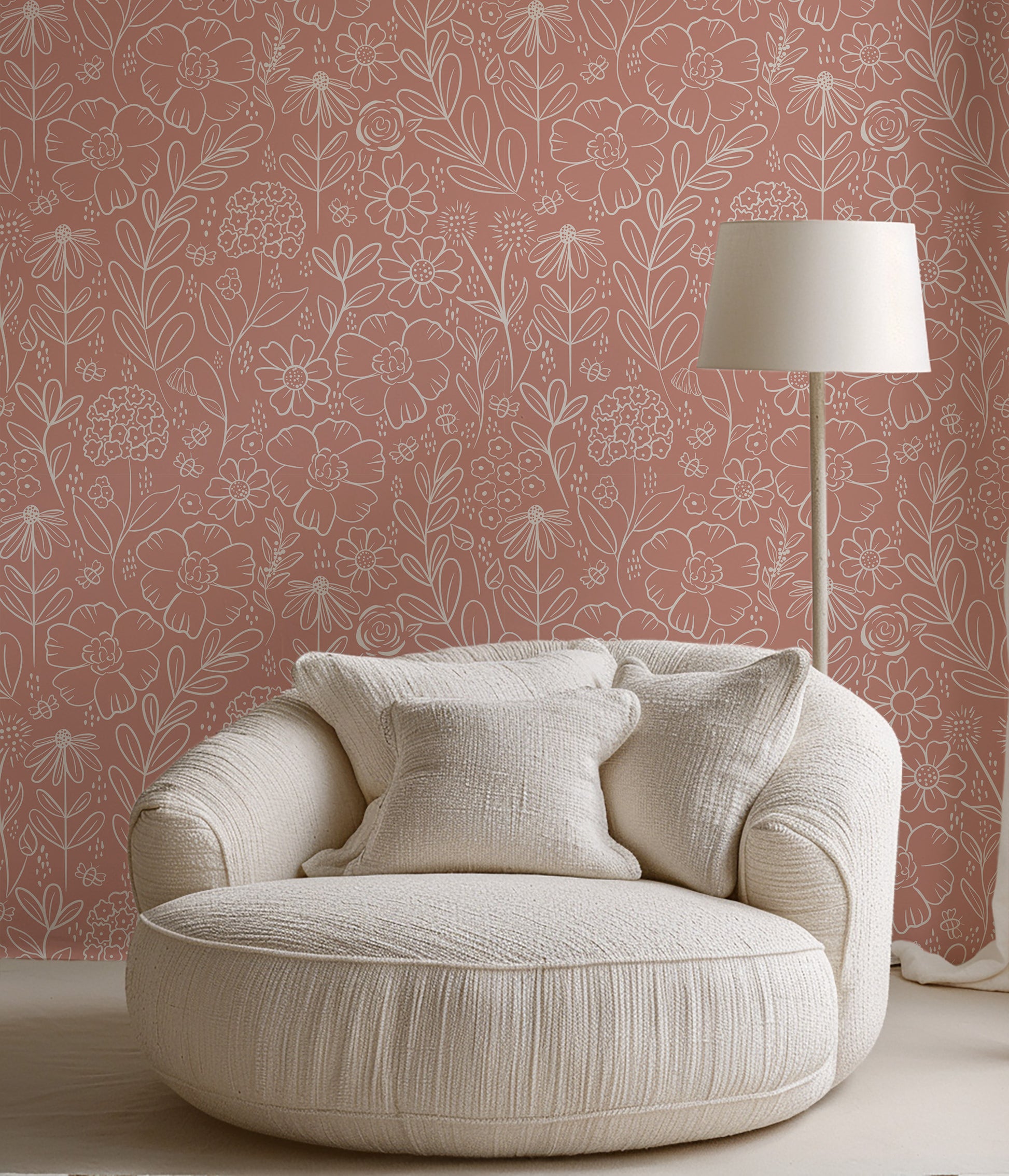 Peach Beige Meadow peel and stick wallpaper room mockup