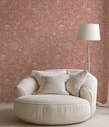 Peach Beige Meadow peel and stick wallpaper room mockup