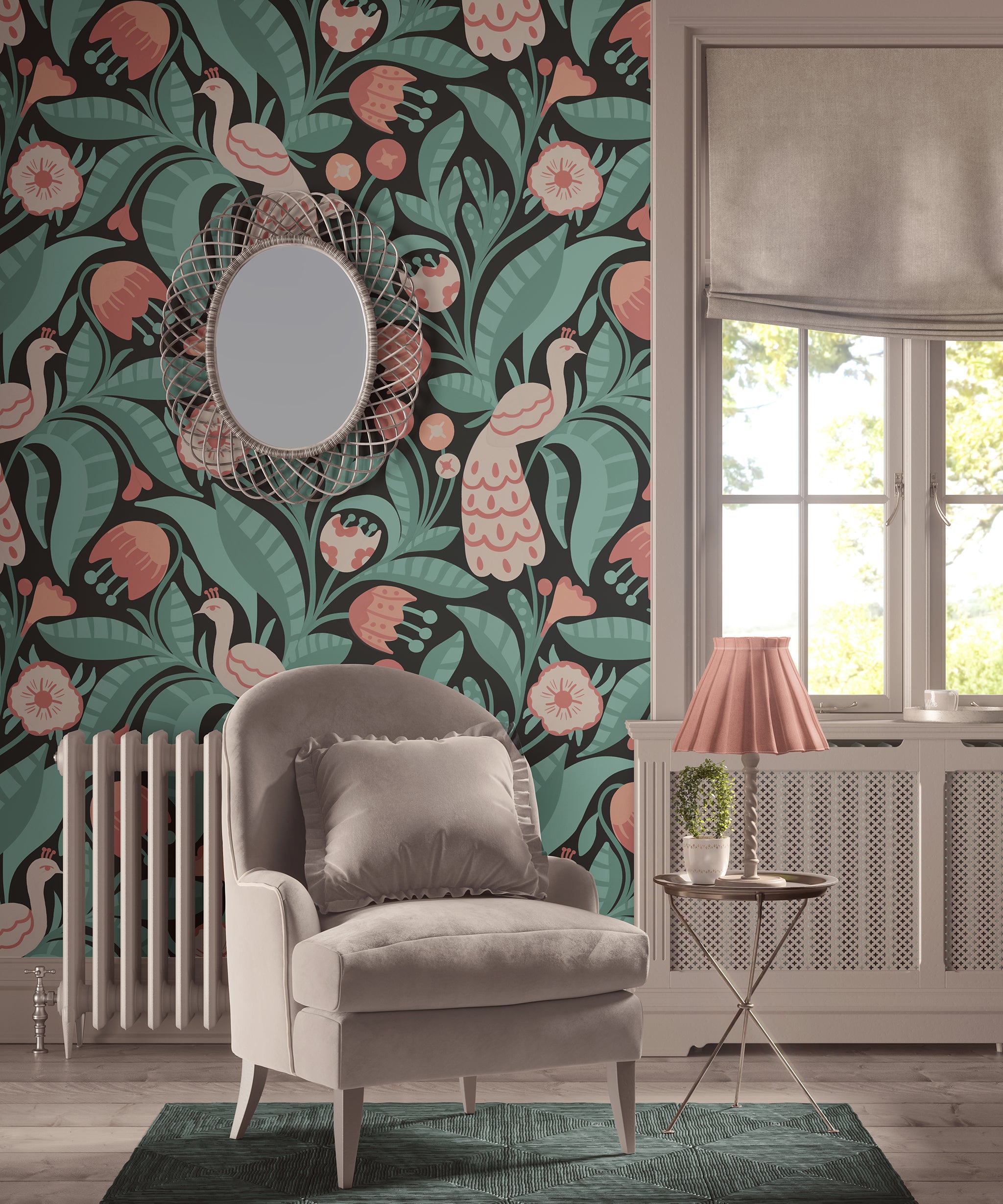 Decorative room with floral wallpaper, armchair, and side table.