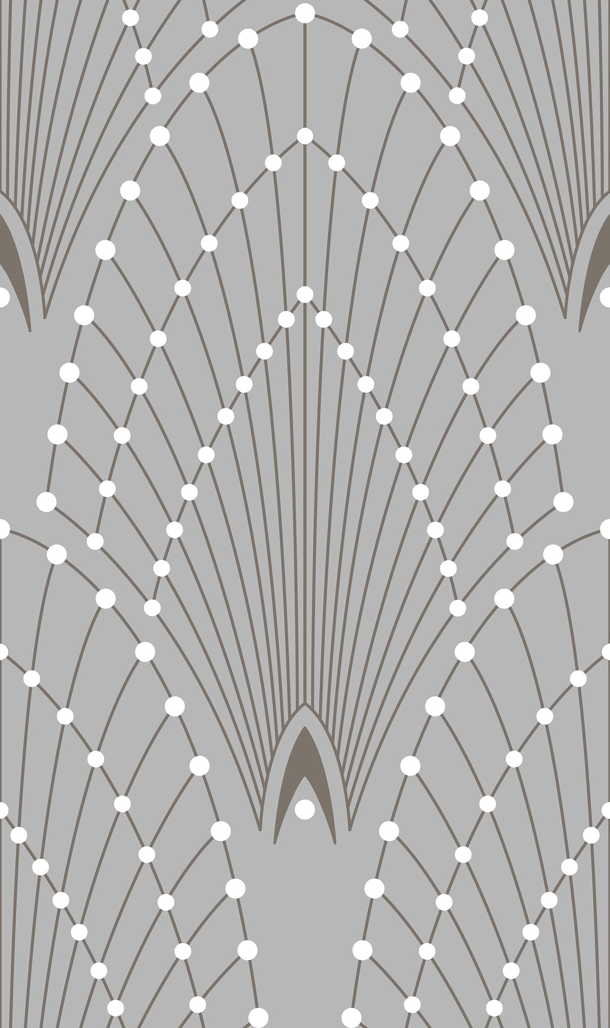 Geometric wallpaper pattern featuring symmetrical fan-like arches with radiating lines and evenly spaced white dots on a muted sage green background.