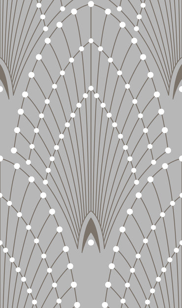 Geometric wallpaper pattern featuring symmetrical fan-like arches with radiating lines and evenly spaced white dots on a muted sage green background.
