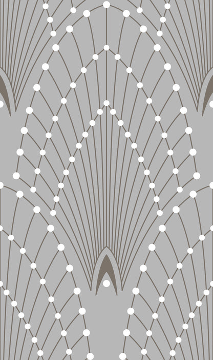 Geometric wallpaper pattern featuring symmetrical fan-like arches with radiating lines and evenly spaced white dots on a muted sage green background.