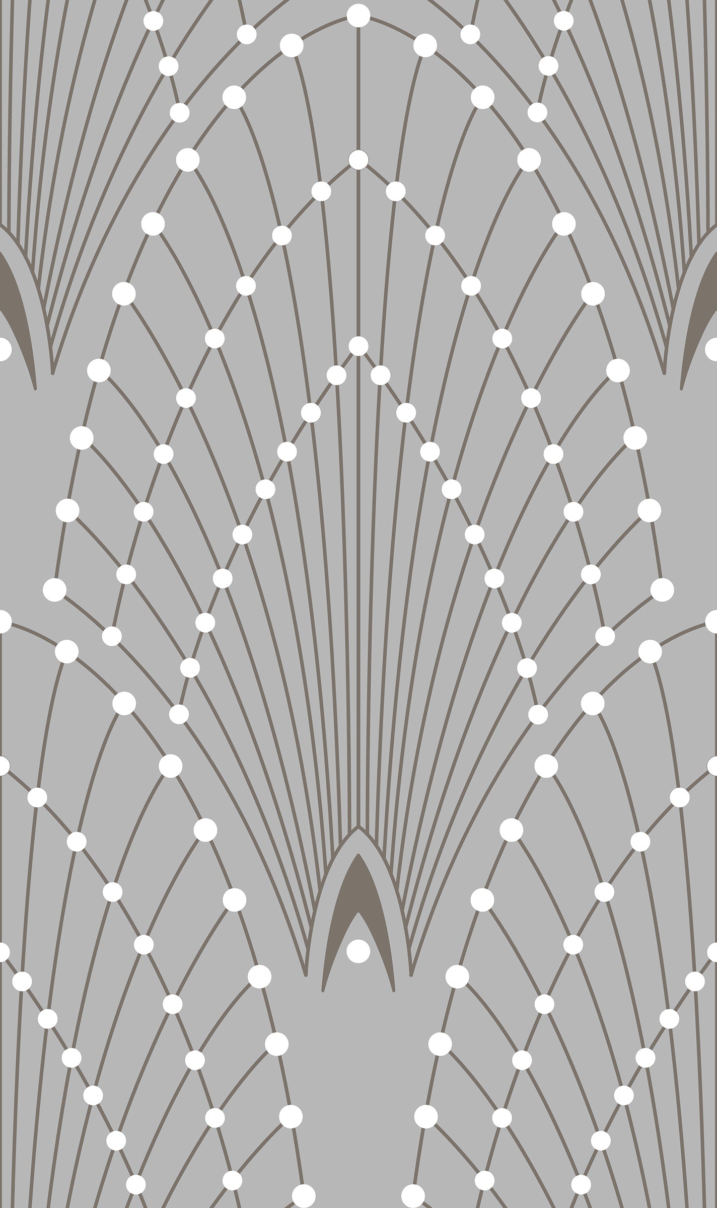 Geometric wallpaper pattern featuring symmetrical fan-like arches with radiating lines and evenly spaced white dots on a muted sage green background.