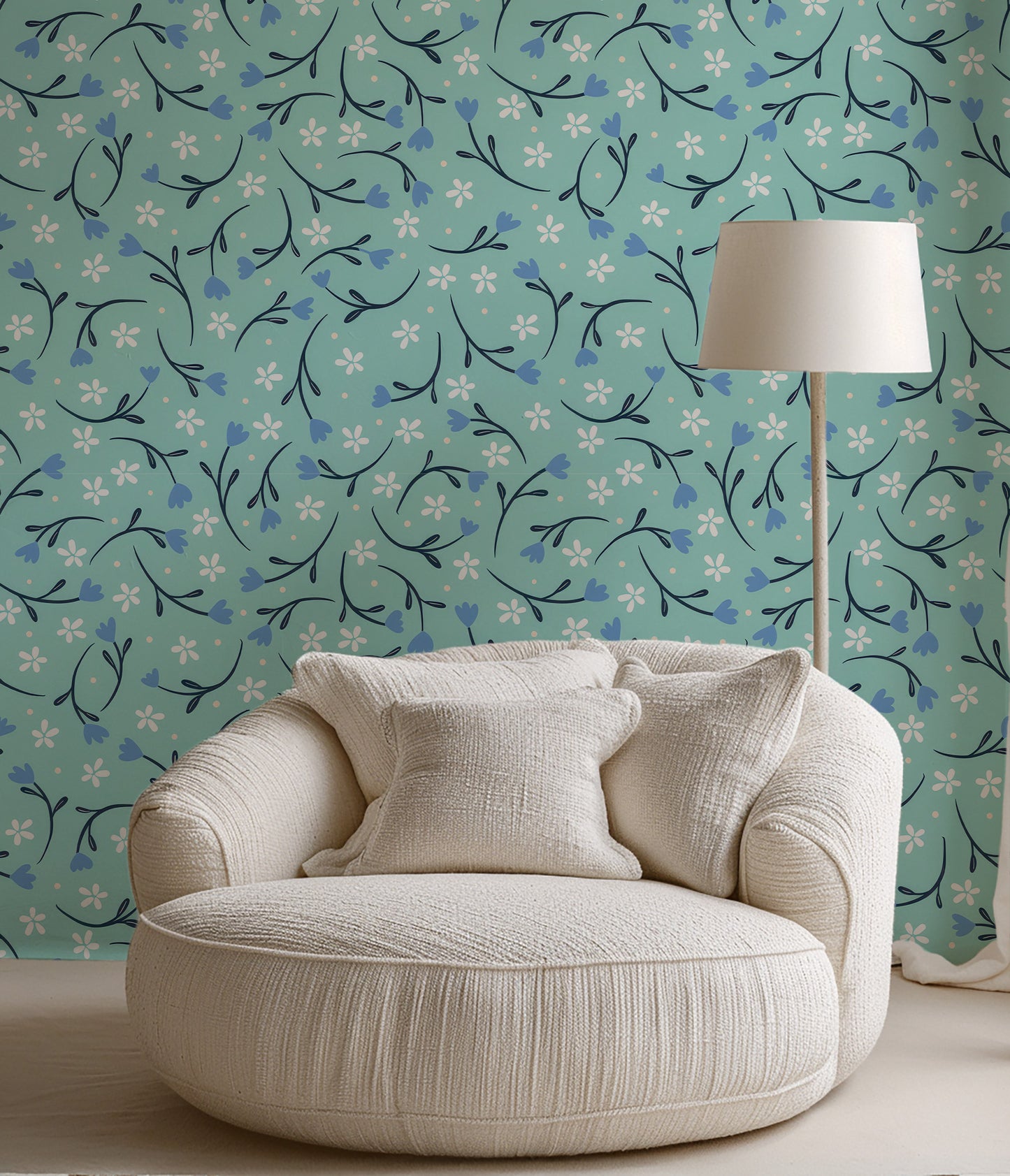 Petite Flowers Green peel and stick wallpaper room mockup