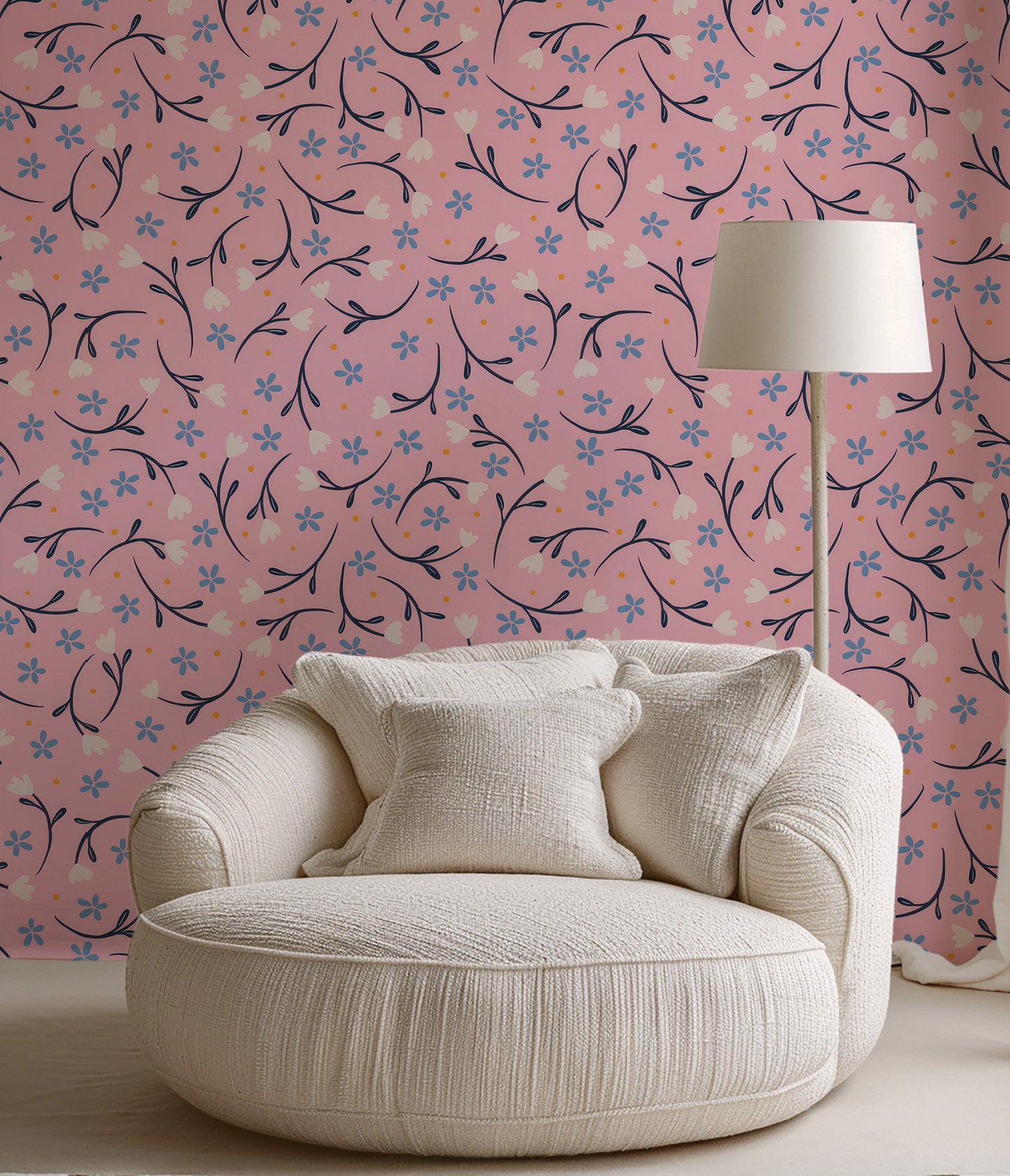Petite Flowers Pink peel and stick wallpaper room mockup