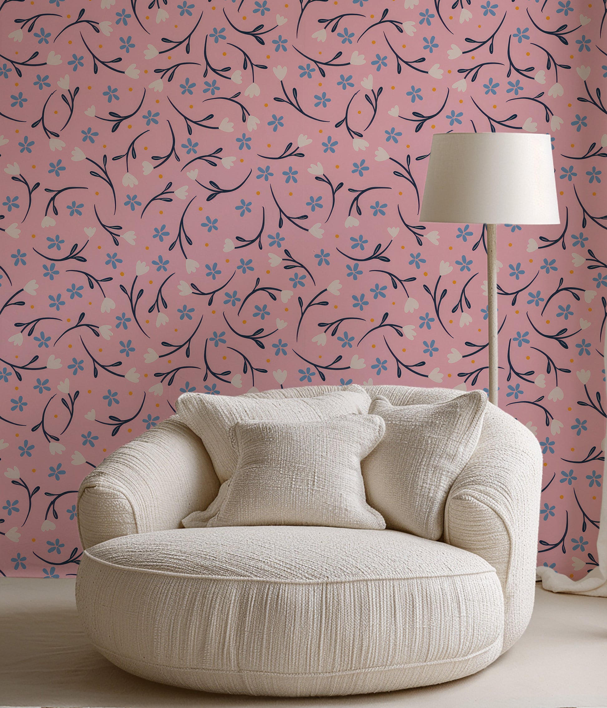 Petite Flowers Pink peel and stick wallpaper room mockup
