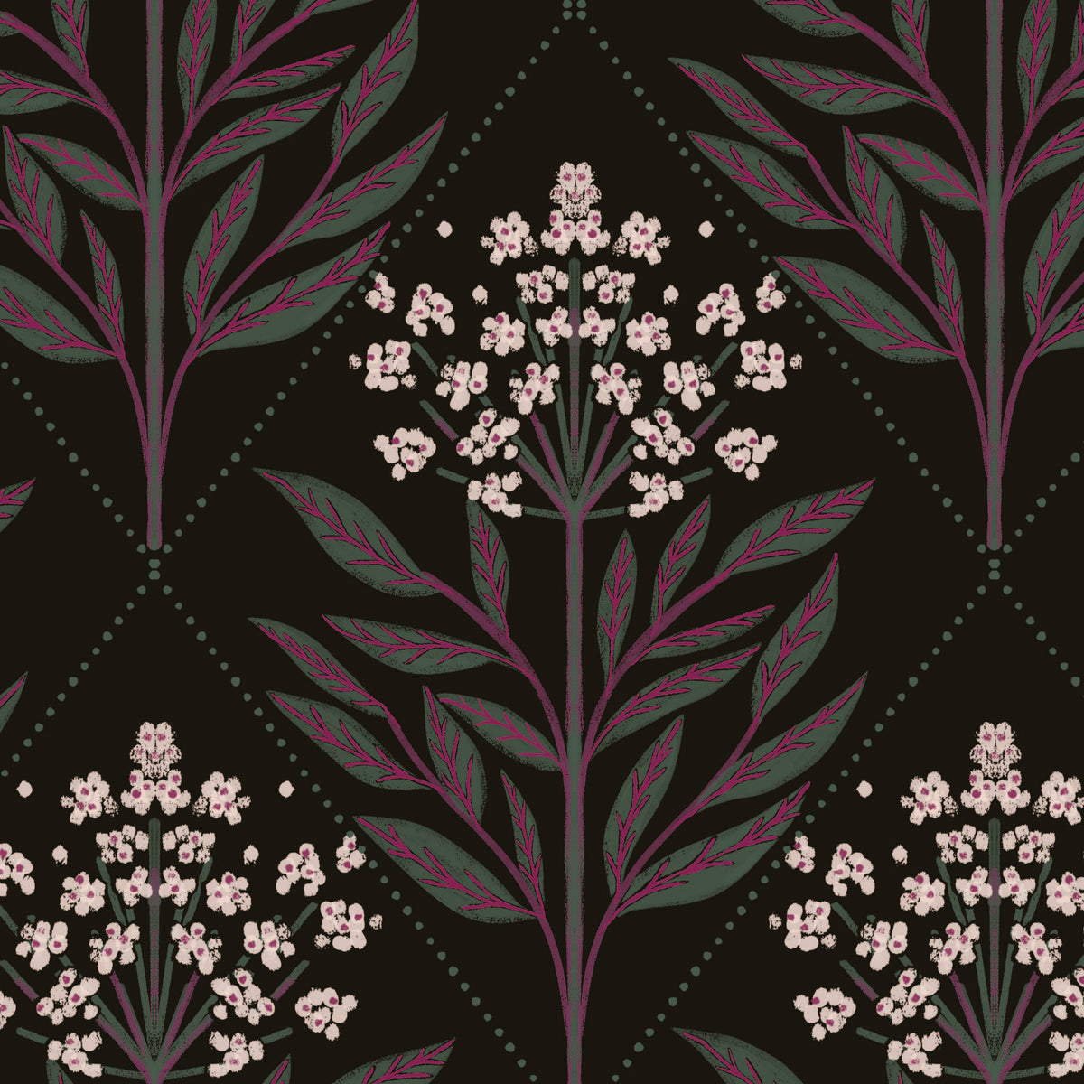 A repeating botanical pattern featuring pale pink flower clusters and muted green leaves on a very dark brown background, with thin dotted diamond lines connecting the motifs.