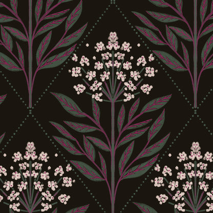 A repeating botanical pattern featuring pale pink flower clusters and muted green leaves on a very dark brown background, with thin dotted diamond lines connecting the motifs.