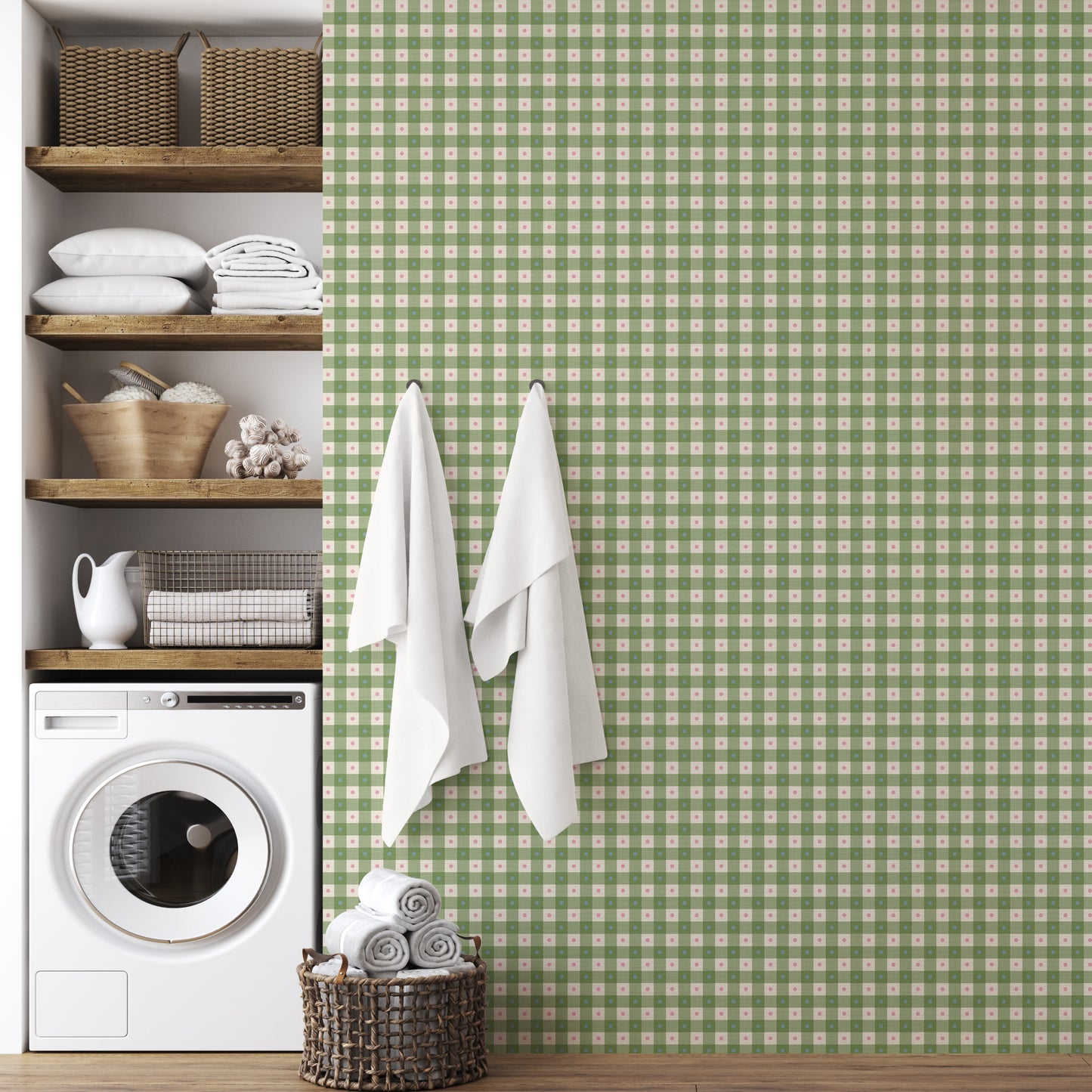 Preppy Gingham with Dots - Green, Blue and Pink Wallpaper