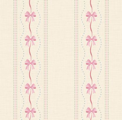 Decorative wallpaper with pink bows and striped patterns on a light background