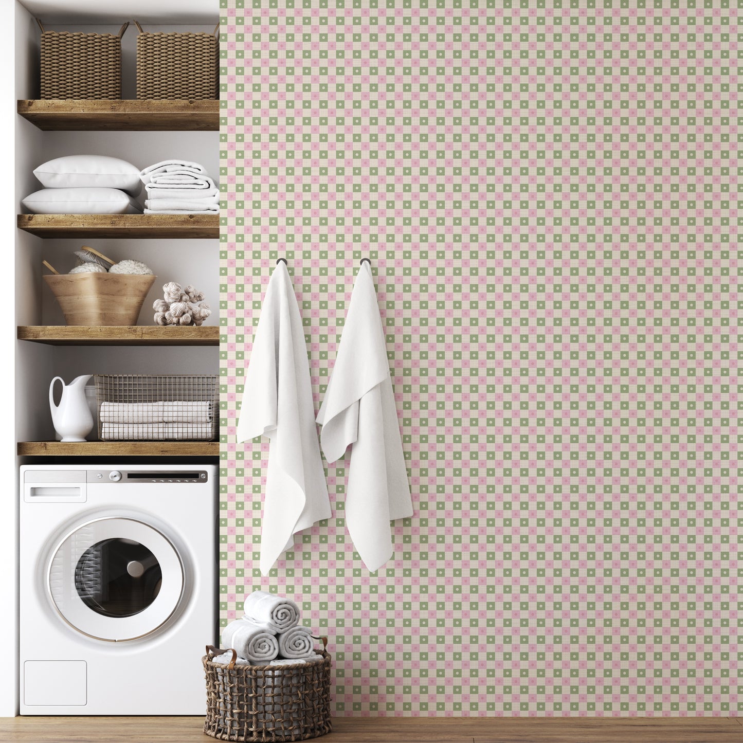 Preppy Gingham with Dots - Light Green, Pink and Cream