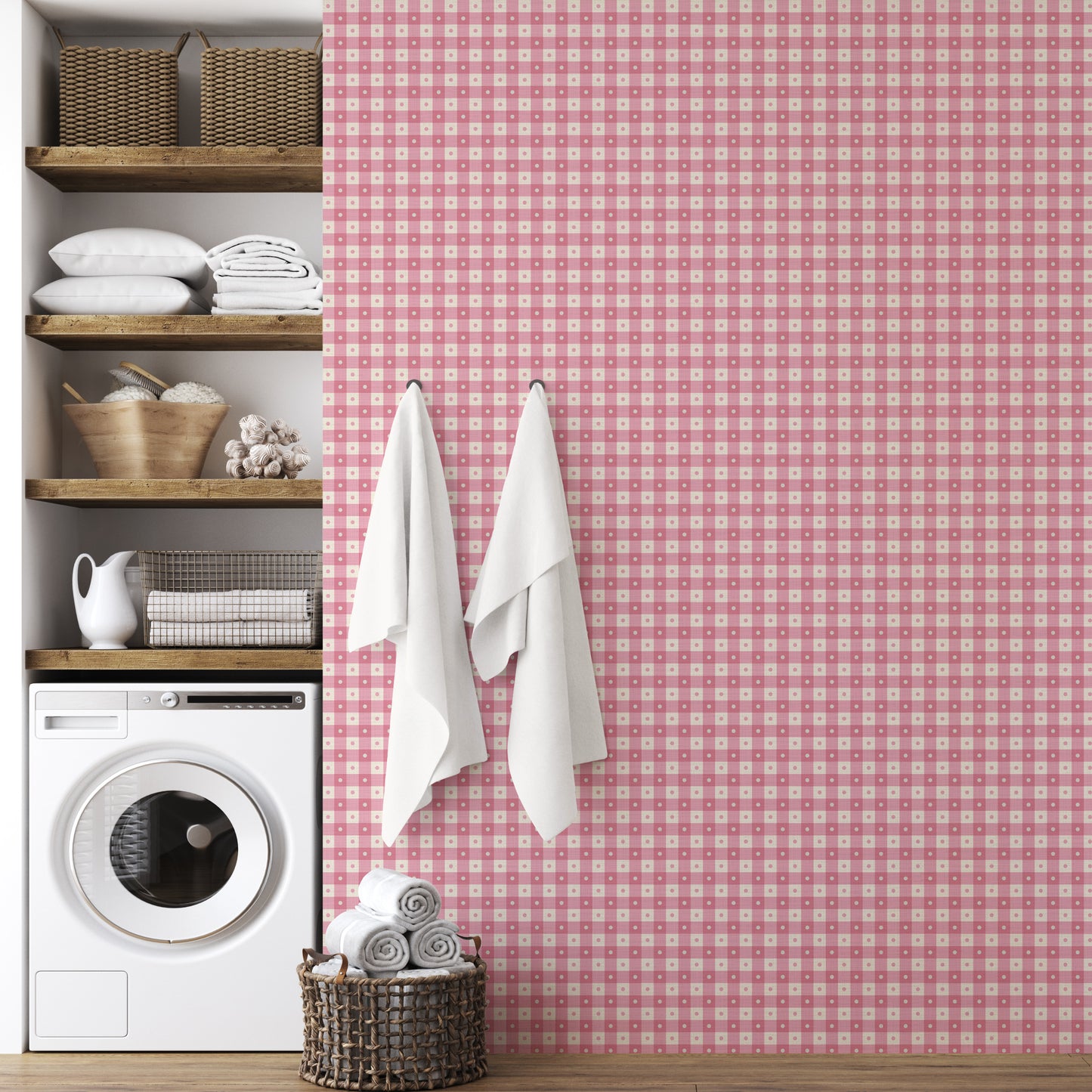 Preppy Gingham with Dots - Mid Pink and Cream