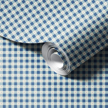 Preppy Gingham with Dots - Delft Blue and Cream Wallpaper