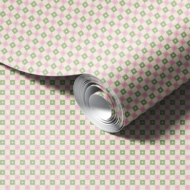 Preppy Gingham with Dots - Light Green, Pink and Cream Wallpaper