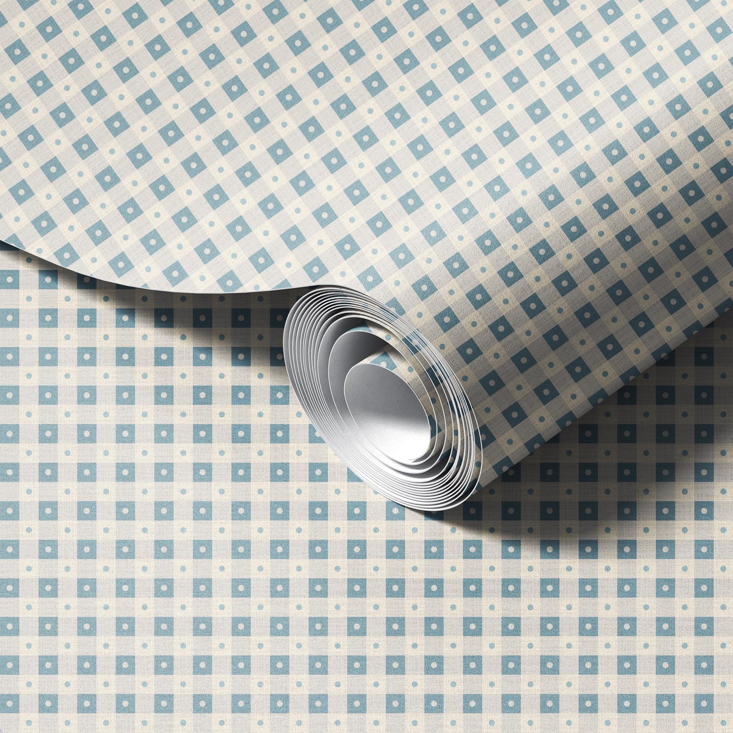 Preppy Gingham with Dots - Light Blue and Cream Wallpaper