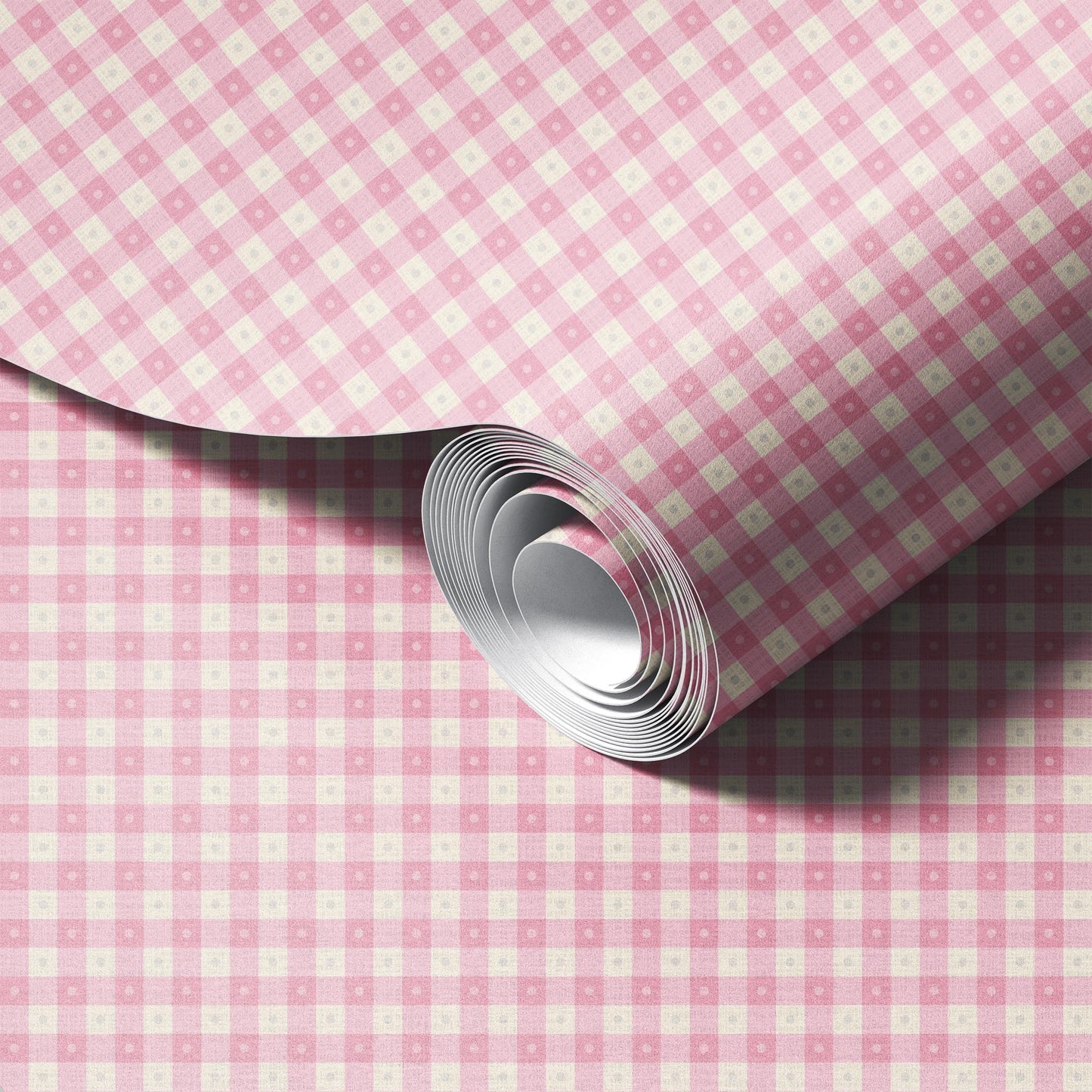 Preppy Gingham with Dots - Light Pink and Cream Wallpaper