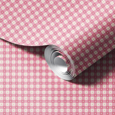 Preppy Gingham with Dots - Mid Pink and Cream Wallpaper