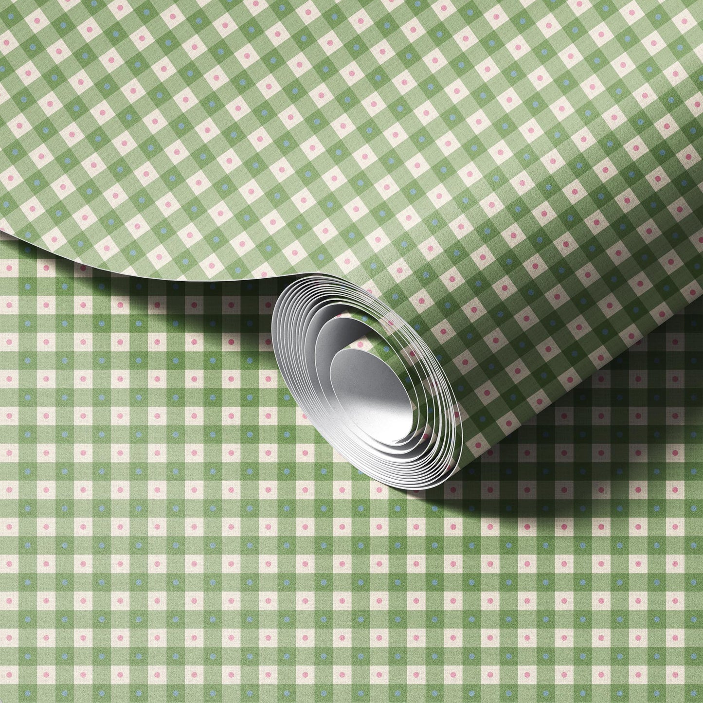 Preppy Gingham with Dots - Green, Blue and Pink Wallpaper