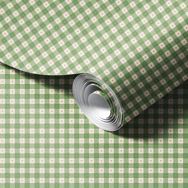 Preppy Gingham with Dots - Green, Blue and Pink Wallpaper