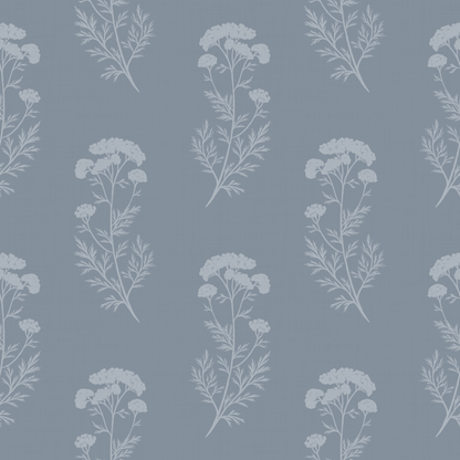 Pattern of white floral and leaf designs on a blue background