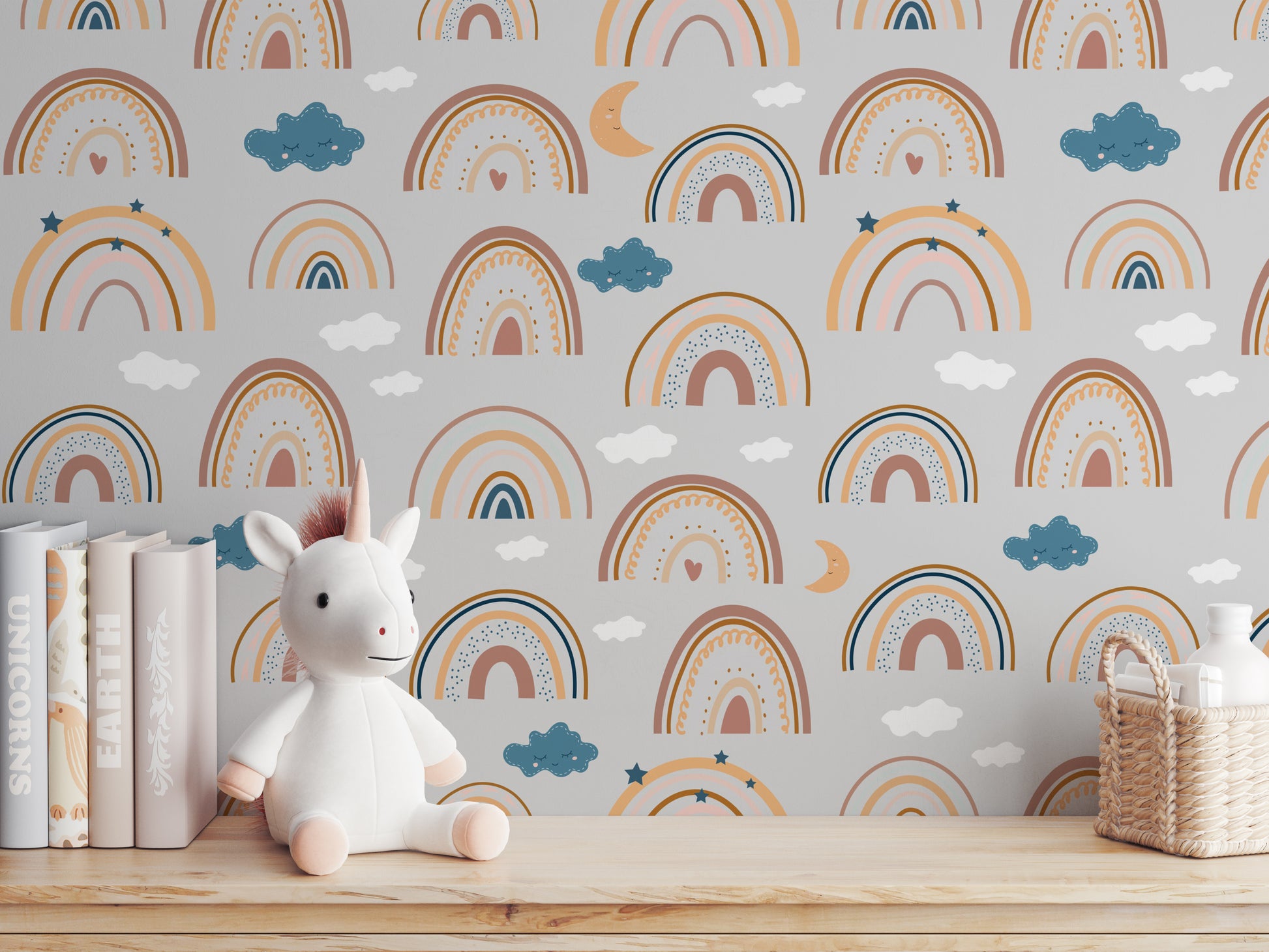 Rainbows and Moons peel and stick wallpaper room mockup