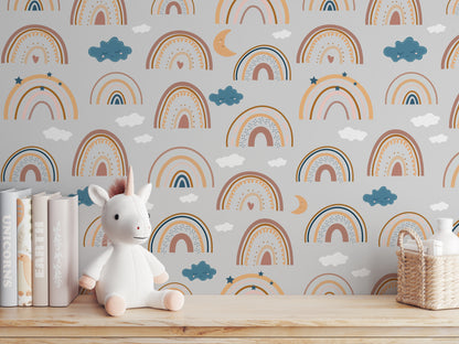 Rainbows and Moons peel and stick wallpaper room mockup