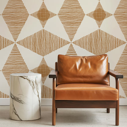 Rhombus Striped Golden Brown Peel and Stick Wallpaper Sample - Abstract, Art Deco, Geometric