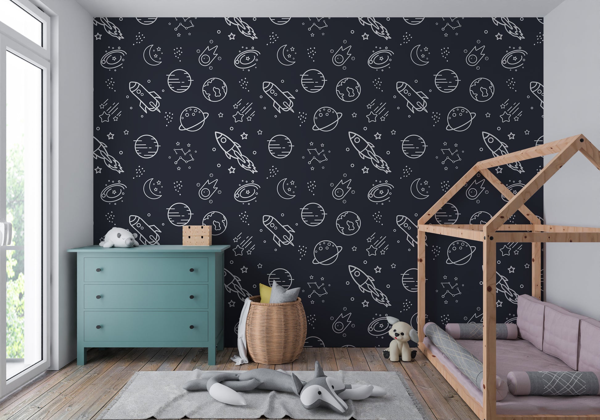 Rocketships and Stars peel and stick wallpaper room mockup
