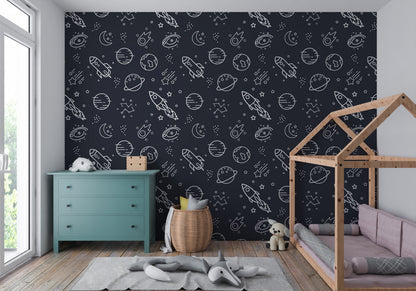 Rocketships and Stars peel and stick wallpaper room mockup