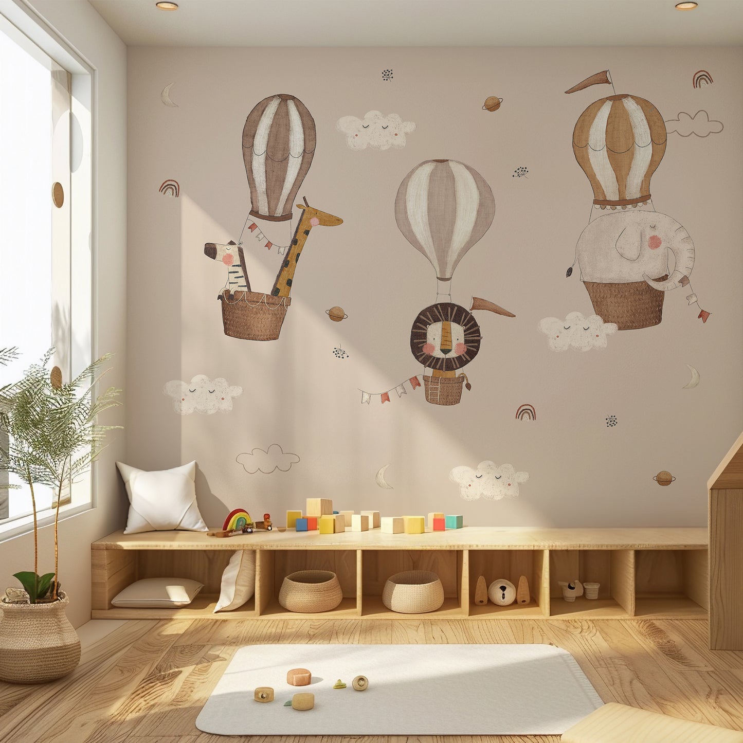Safari Balloon Peel and Stick Wall Mural - Animals, Nursery, Safari