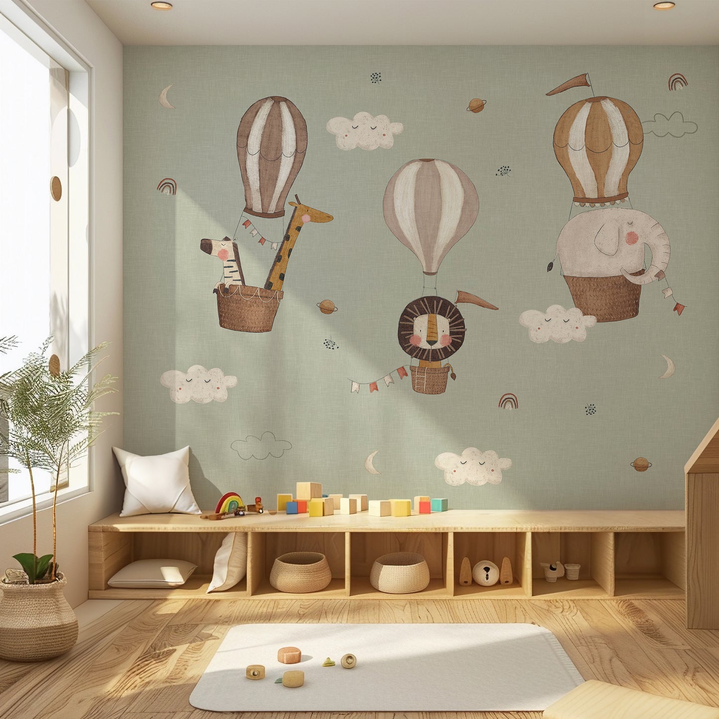 Safari Balloon Peel and Stick Wall Mural - Animals, Nursery, Safari