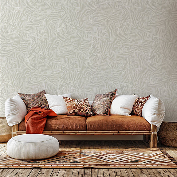 Sahara Botanical Beige peel and stick wallpaper room mockup
