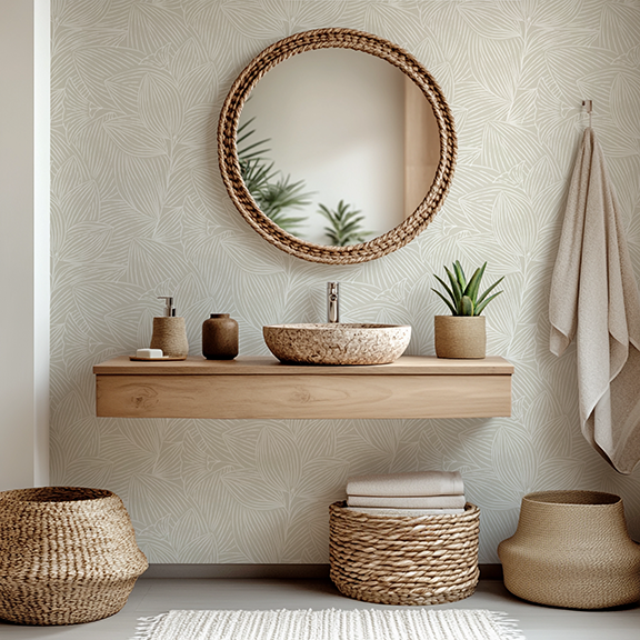 Sahara Botanical Beige peel and stick wallpaper room mockup