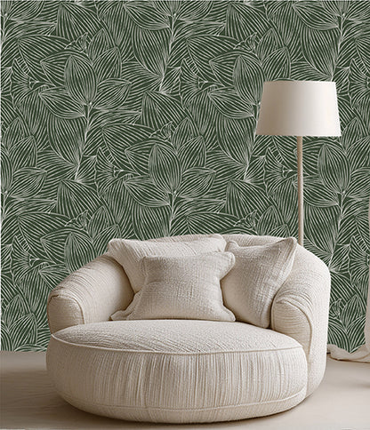 Sahara Botanical Dark Green peel and stick wallpaper room mockup