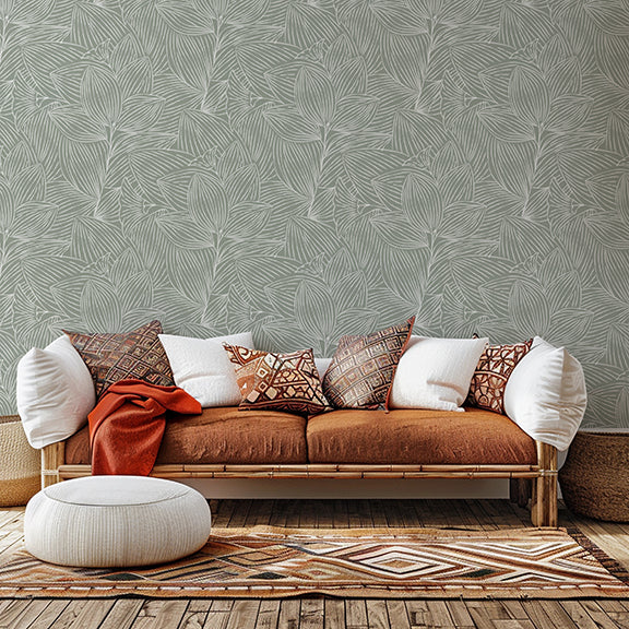 Sahara Botanical Green peel and stick wallpaper room mockup