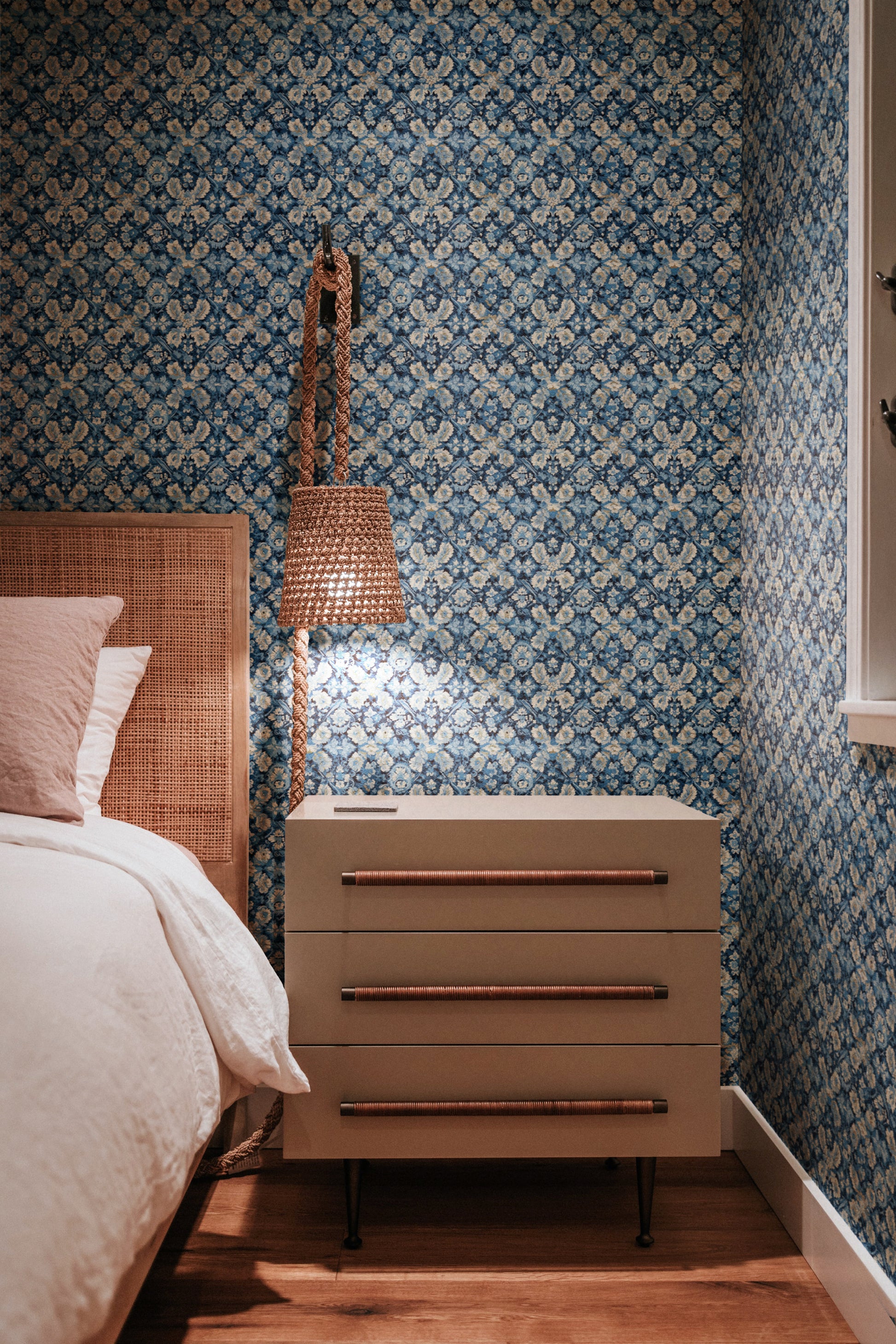 Sapphire Blossom Turkish peel and stick wallpaper room mockup