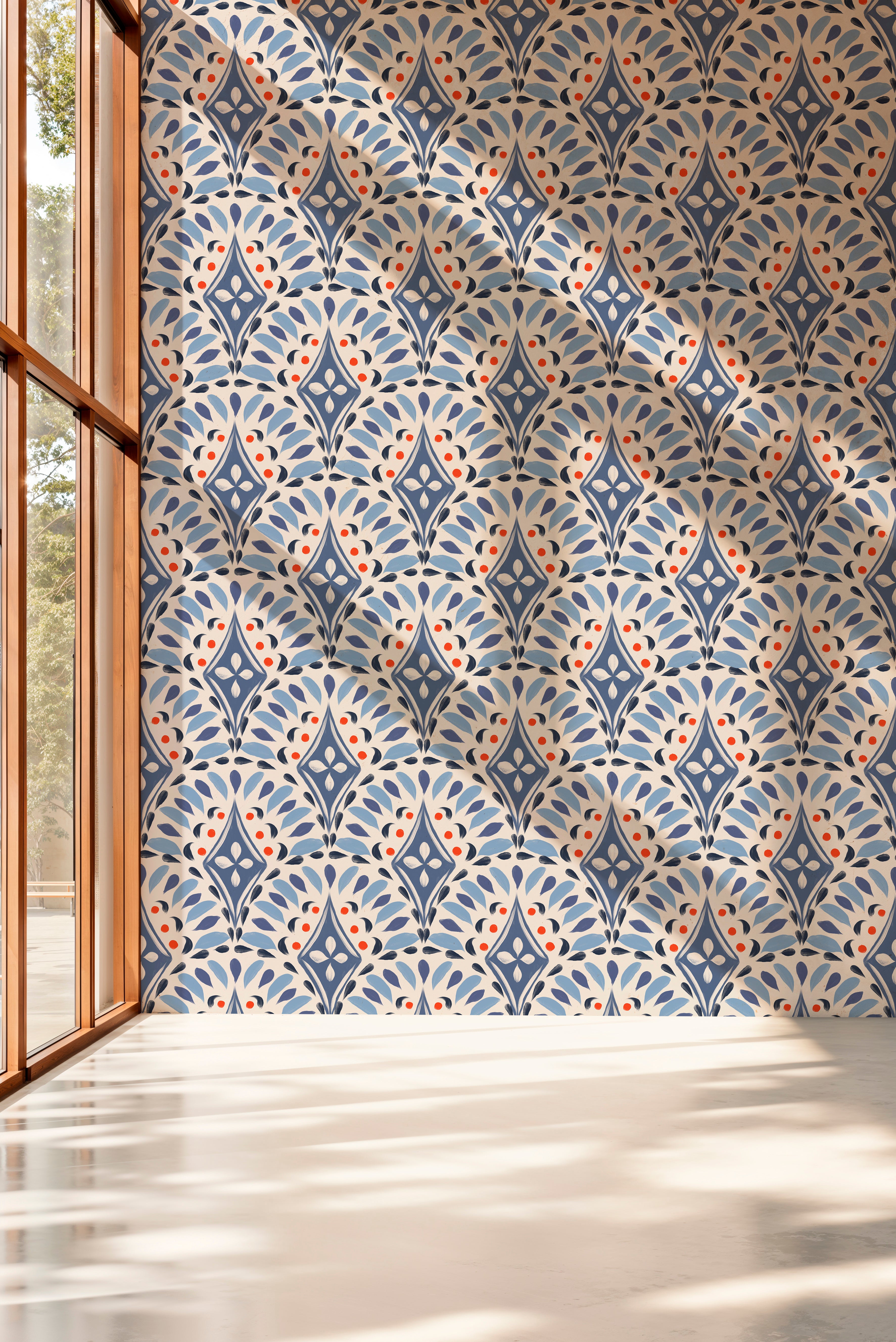 Scallops in Blue Jeans peel and stick wallpaper room mockup