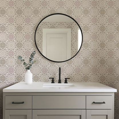 Bathroom vanity with round mirror and decorative wallpaper