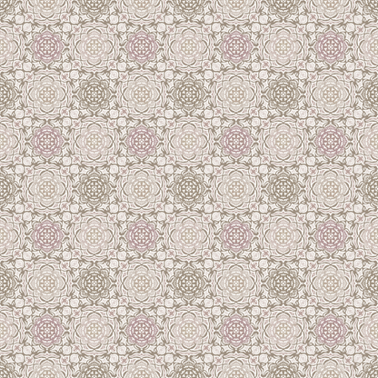 Patterned fabric with a repetitive design of flowers and geometric shapes.
