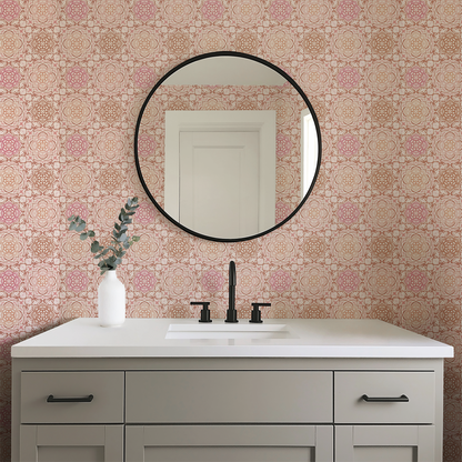 Bathroom vanity with round mirror and floral wallpaper