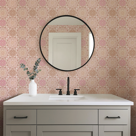 Bathroom vanity with round mirror and floral wallpaper