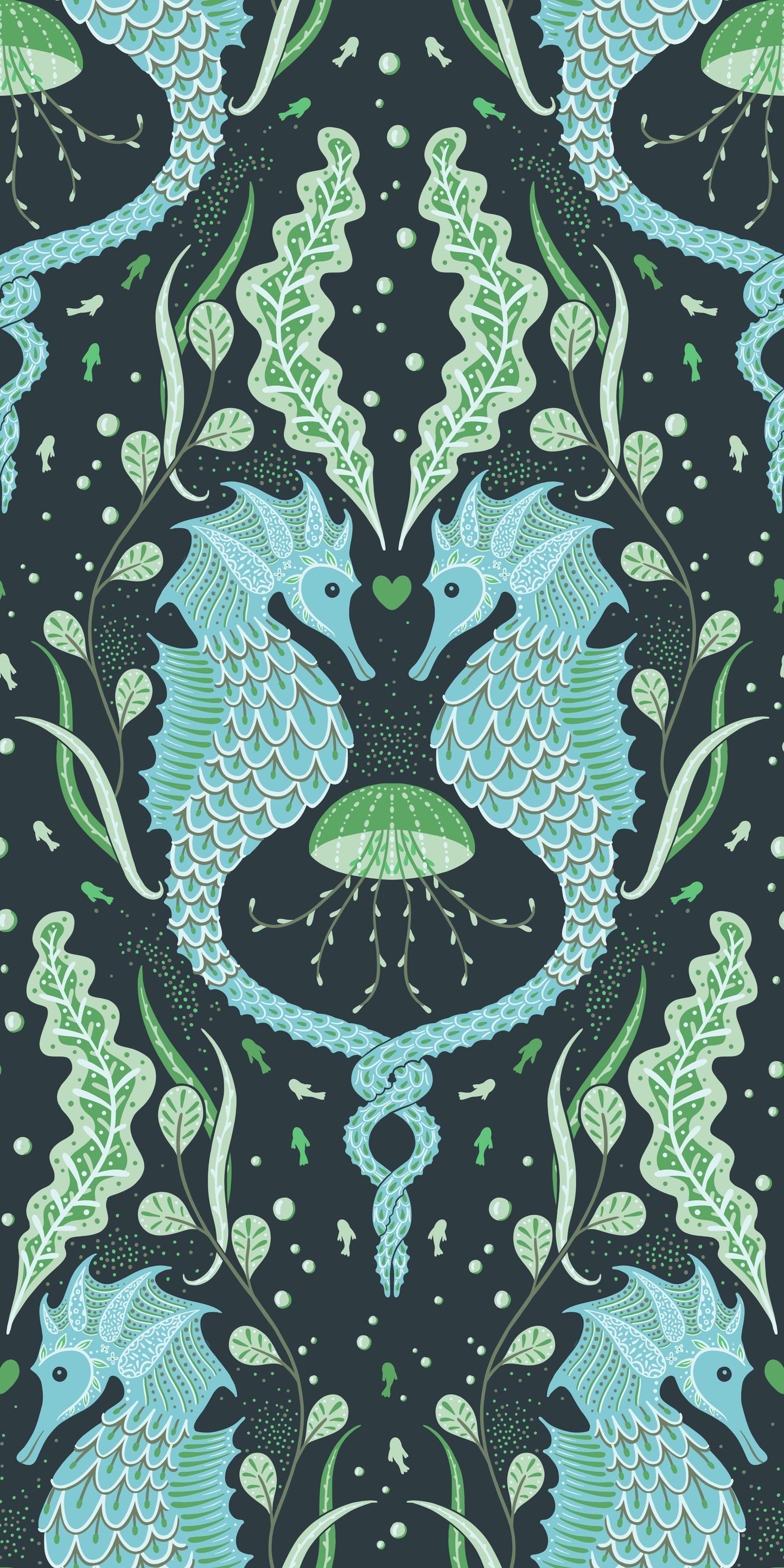 Pattern of blue seahorses and green leaves on a dark background