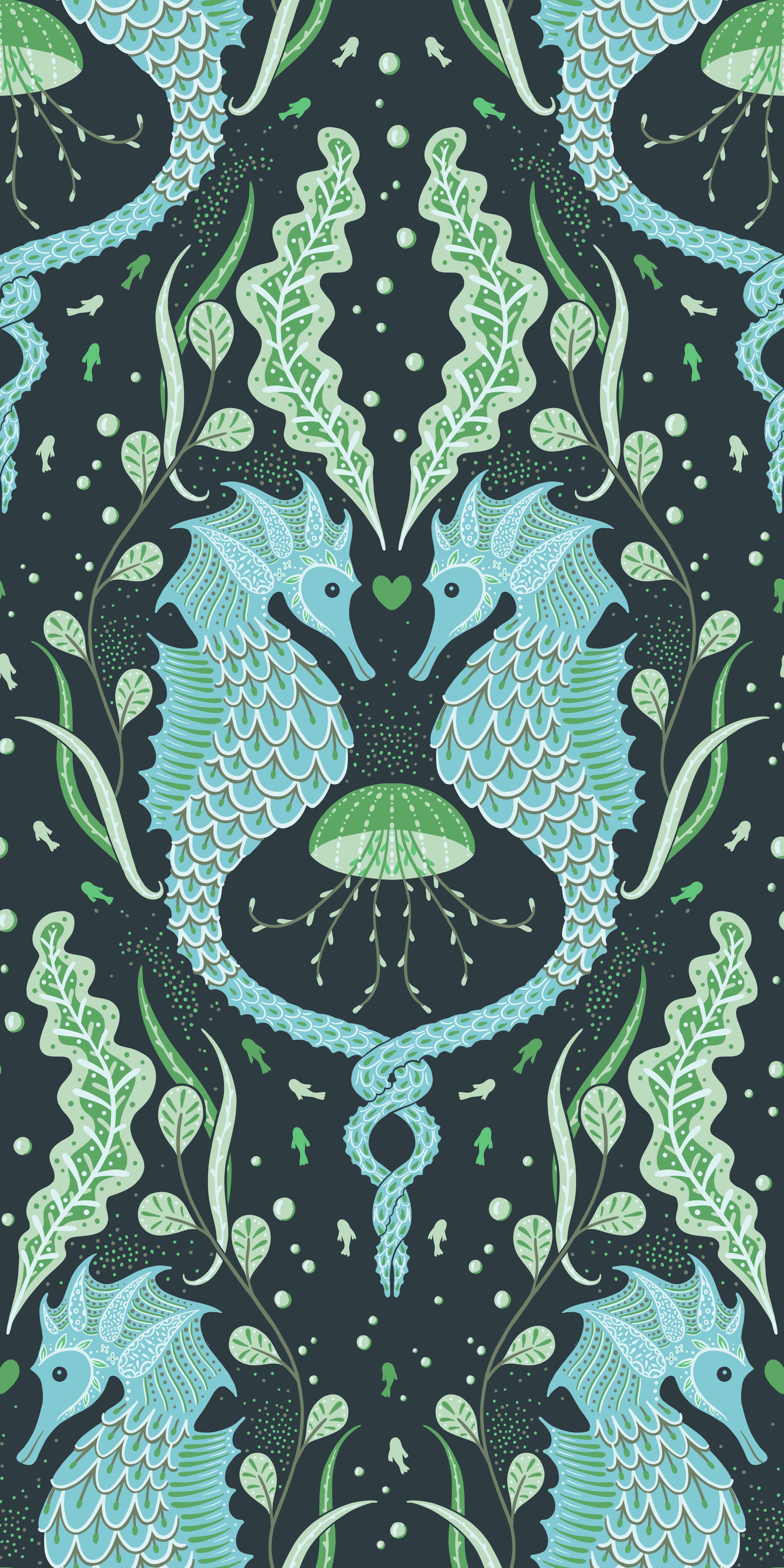 Pattern of blue seahorses and green leaves on a dark background