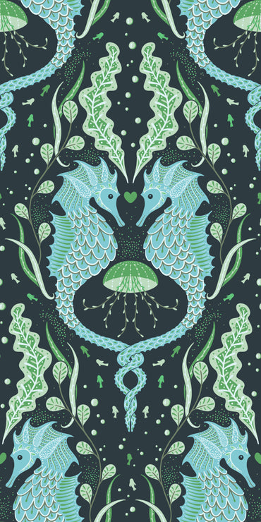 Pattern of blue seahorses and green leaves on a dark background