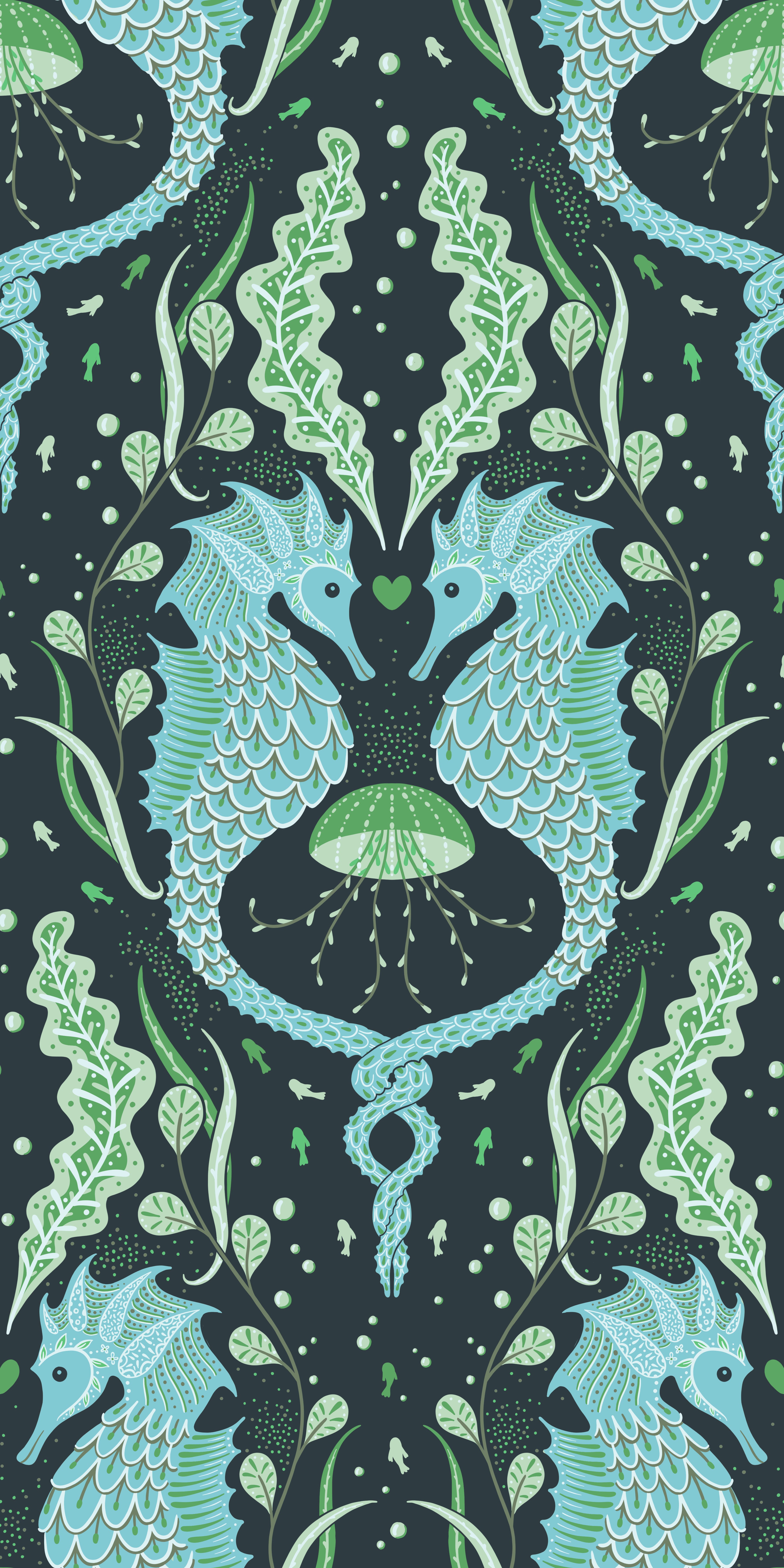 Pattern of blue seahorses and green leaves on a dark background